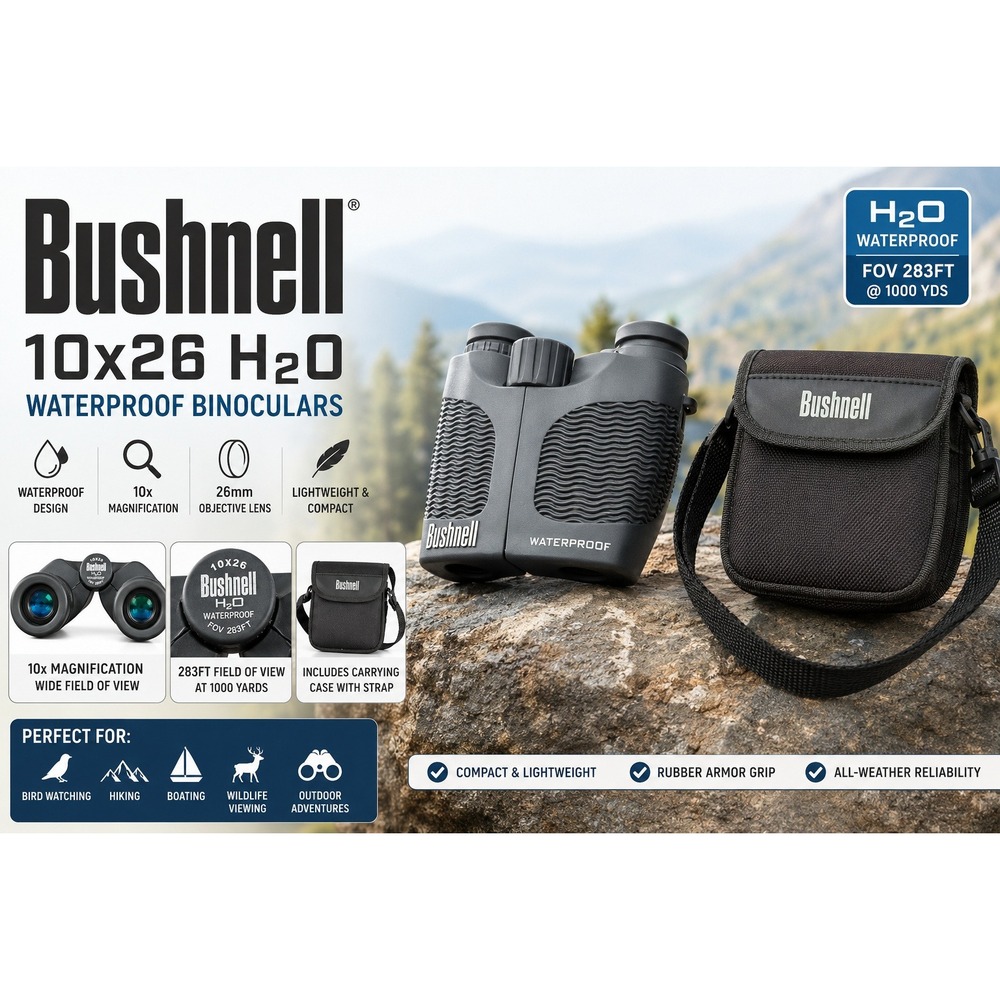 Bushnell H2O 10x26 Waterproof Binoculars Compact‎ Roof Prism with Case 130126